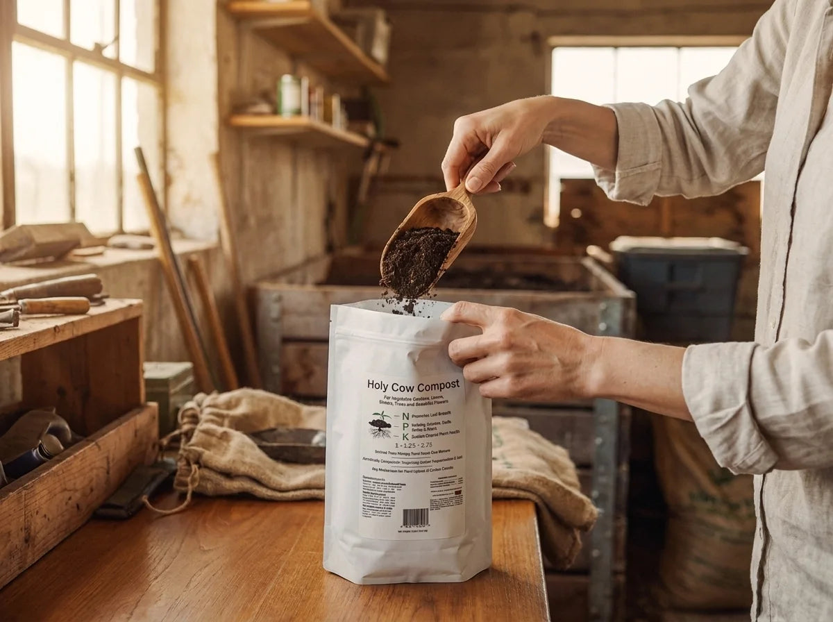 A woman's hands gently scooping finished compost into an open Holy Cow Compost bag in a sunlit workshop