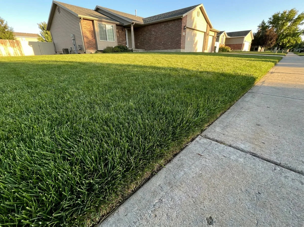 Same lawn restored to thick green turf after Holy Cow Compost