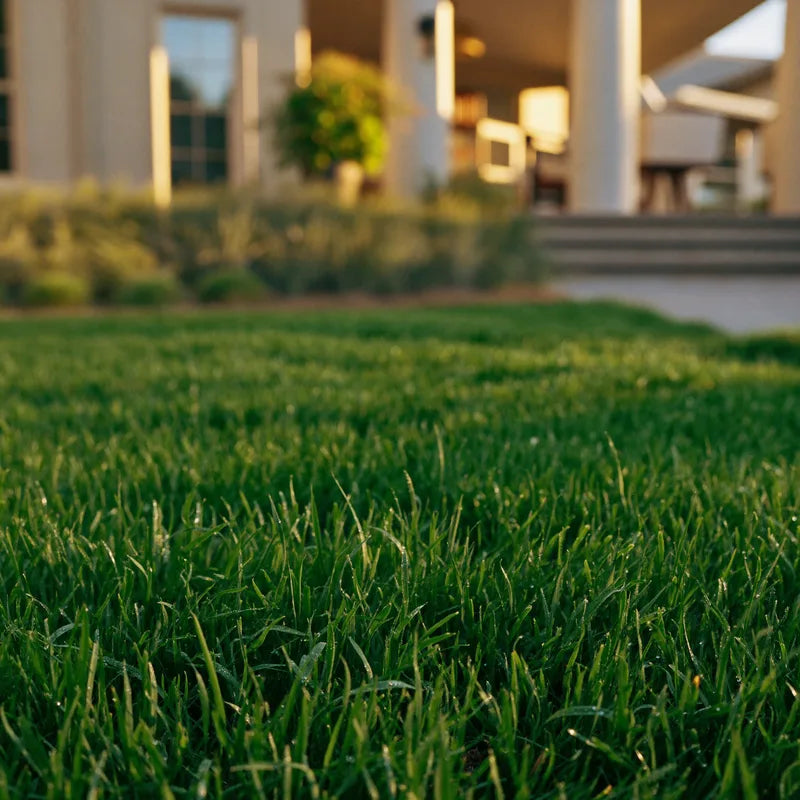 Lush green residential lawn at golden hour