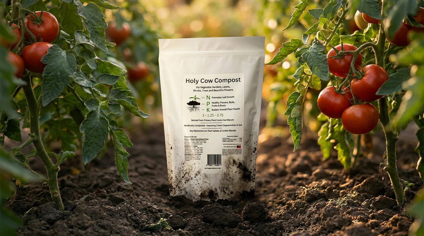 Holy Cow Compost 4 lb bag standing in a dirt garden path between heirloom tomato plants, soil pressed against the bag