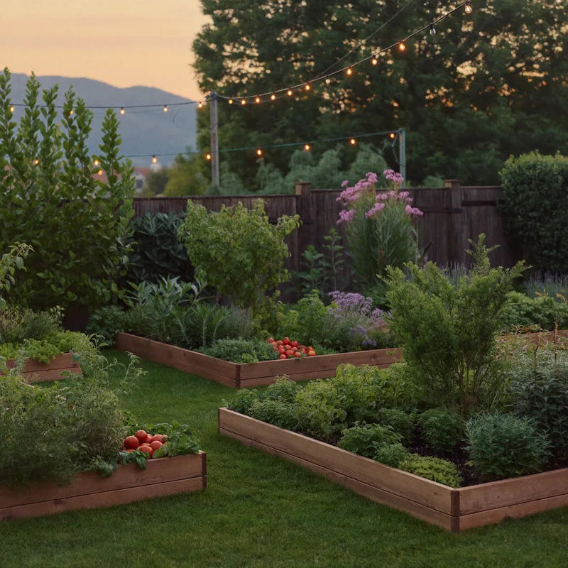 Cedar raised beds in a backyard garden filled with dark composted soil